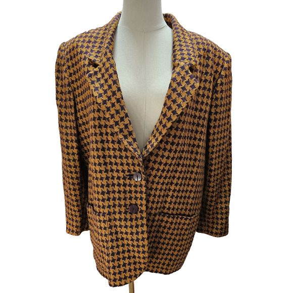 Vintage Purple Gold Houndstooth Tweed Blazer Notched Lapel Petite LSU 12 Med Lrg - Picture 1 of 5